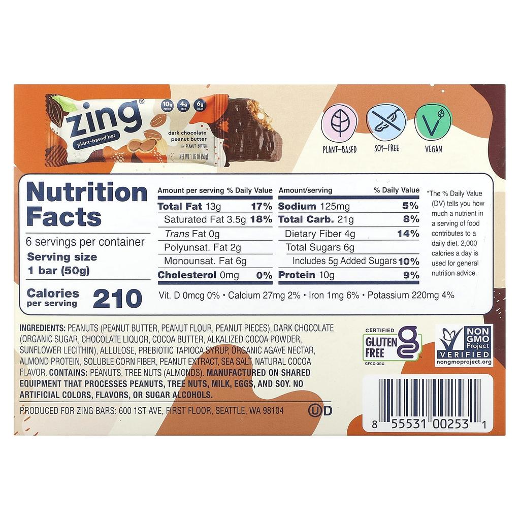 Zing Bars Vegan Bars, Peanut Butter Dark Chocolate Peanut Butter, 6 Bars, 1.74 Oz (50 G) Each