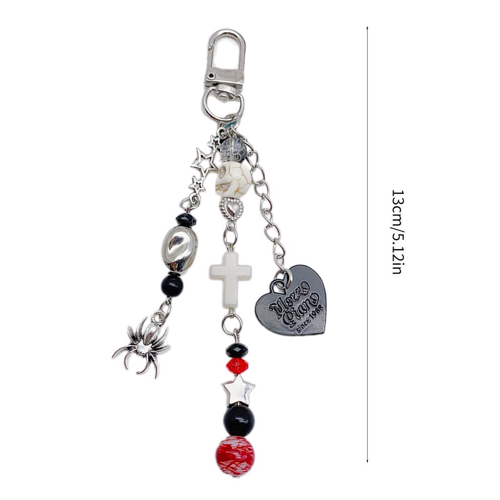Unique and Stylish Beaded Keyring Dark Themed Skull Heart Cross Pendant Keychain Accessory for Fashion Enthusiasts