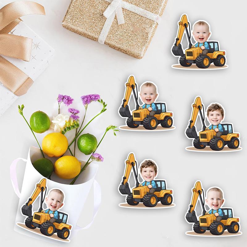 20pcs Personalized Construction With Face Paper Sticker Customized Excavator Stickers Kids Birthday Sealing Labels Party Supply
