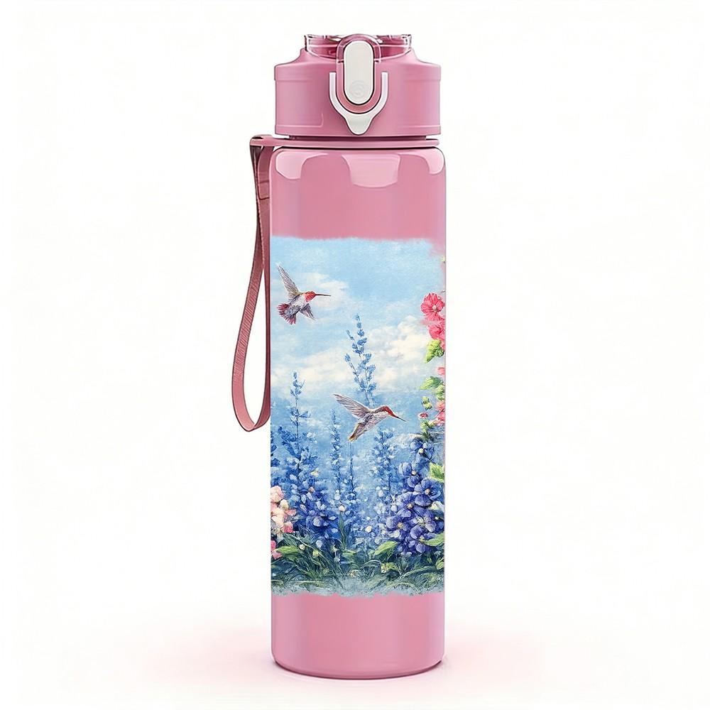 1PC Blue Wildflower Bush Watercolor Print 750ml Color Plastic Sports Water Bottle Leakproof Flip Straw Lid Suitable for Sports Office Home Use