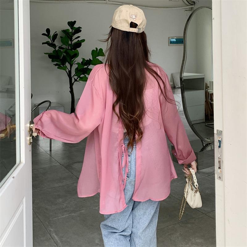 Back Split Lace-up Casual Loose Shirts Women Fashion New See Through Long Sleeve Women's Blouses Thin Breathable Sun Protection Office Lady Tops 26108