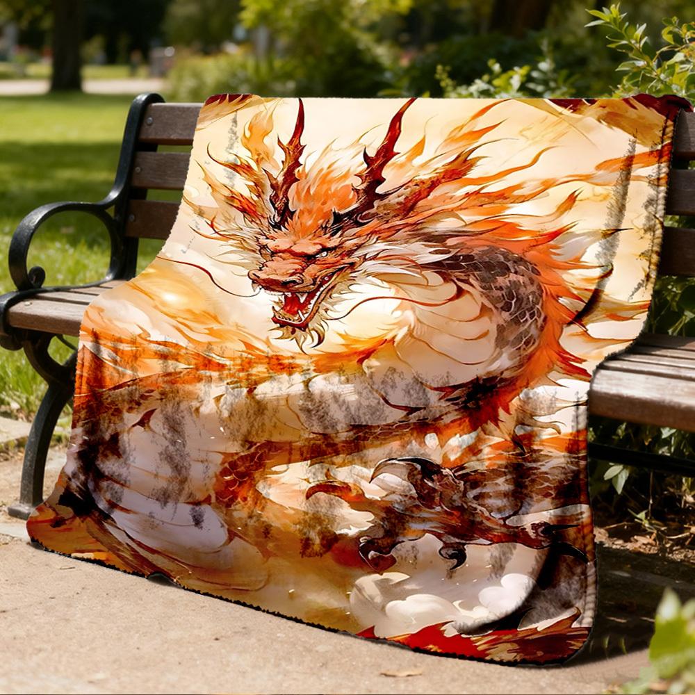 1pc Mythical Dragon Print Outdoor Blanket, Lightweight Polyester,