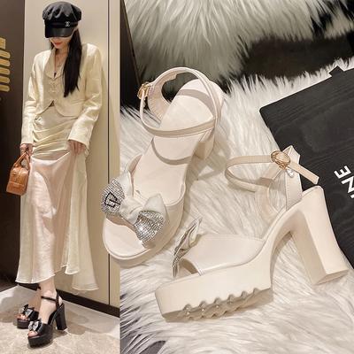 Мода 2025 Мода Летние Босоножки на Каблуке с Бантом Ремешок на Щиколотке Массивный Открытый Носок Большой Размер Узел Элегантные Свадебные Вечерние Женские Туфли