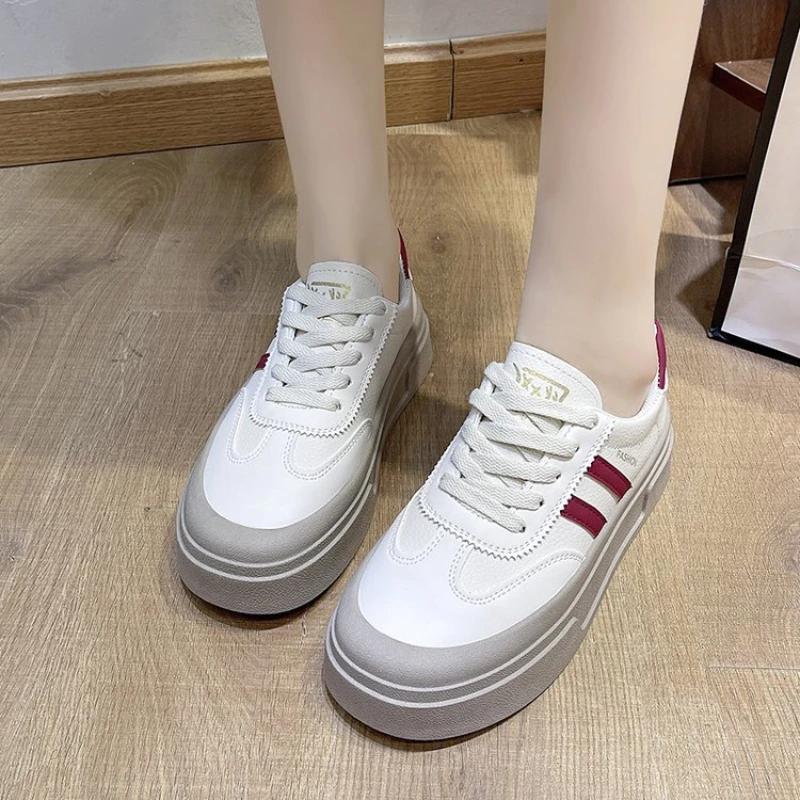 Кроссовки женские на толстой подошве из кожи со шнуровкой на плоской подошве с круглым носком для женщин, однотонные туфли из вулканизированной кожи на плоской платформе