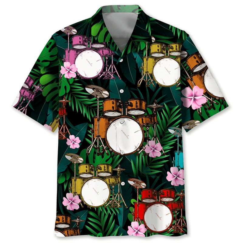 Vintage Drums Hawaiian Shirt For Men Musical Instruments Graphics Short Sleeves Shirts Street Loose
