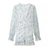 Womens Long Sleeve Floral Dress V Neck Rose Decor Ruffle Hem Bodycon Mini