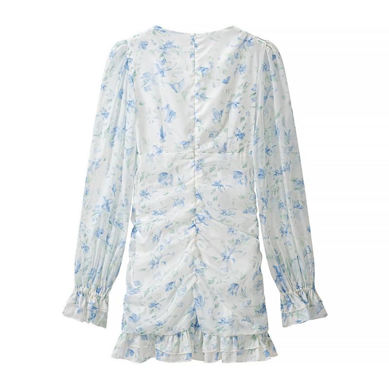 Womens Long Sleeve Floral Dress V Neck Rose Decor Ruffle Hem Bodycon Mini