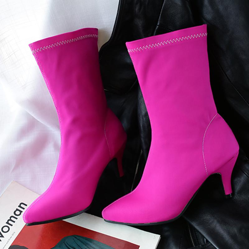 Модные мягкие тонкие эластичные носки, женские ботильоны, розово-голубые, на каблуке, женские ботильоны, осенне-весенние, с острым носком, женская обувь, большой размер