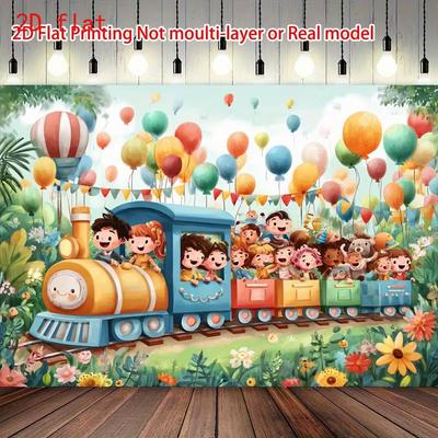 Двумерный фон с мультяшным поездом для детской вечеринки, Фотофон для дня рождения