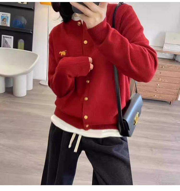 Женский вязаный шерстяной кардиган с круглым вырезом и вышивкой маленькой лошади - 100% чистая шерсть, новая осенняя коллекция.