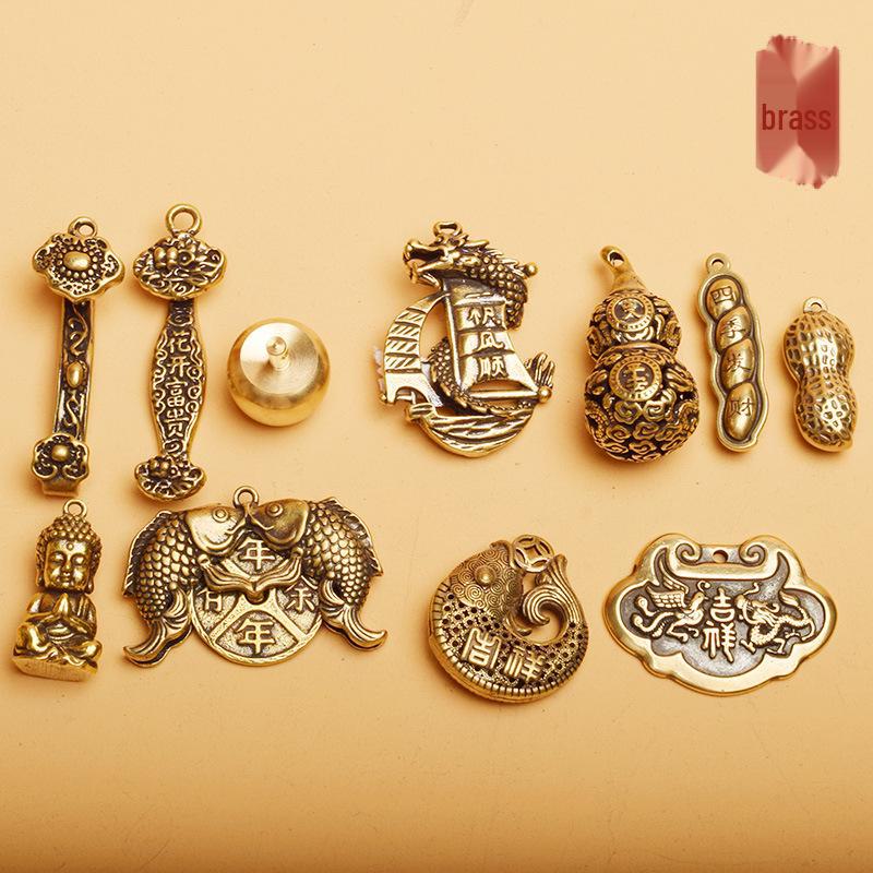 Brass Dragon Boat Keychain with Peace & Luck and Peanut Apple Pendant