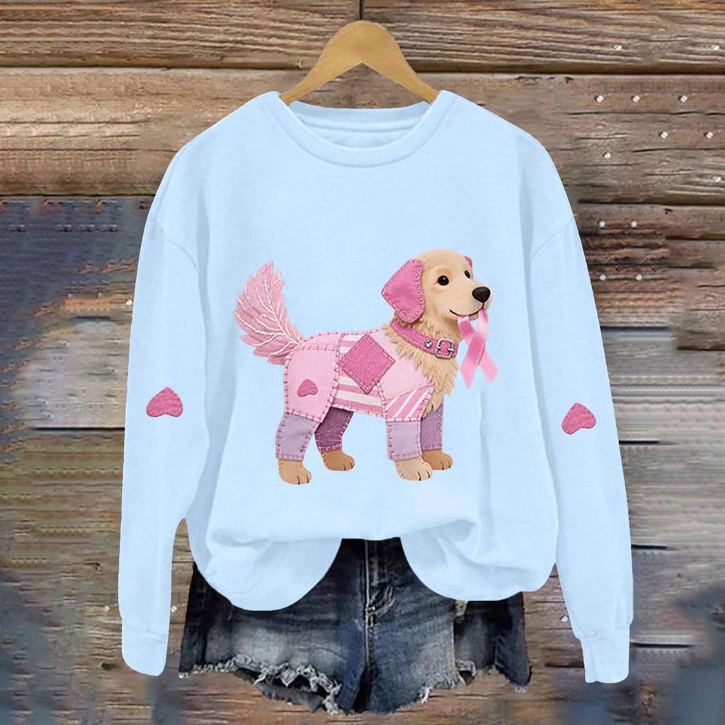 Breast  Sweatshirts For WomenRibbon Breast  Shirt Cute Dog Graphic  Long Sleeve Tops