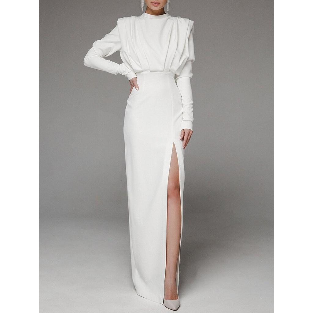 Spring Summer Women's Fashion Dress, European American Style High Neck Slit Long Maxi Dress, Casual Wear