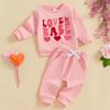 Toddler Girls Valentines Outfits Letter Embroidery Long Sleeve Sweatshirt and Elastic Pants Set Baby Cute Clothes