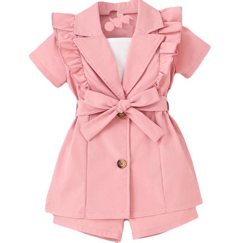 Girls' Fashion Suit Spring Summer Children's Casual Halter Solid Color Short-sleeved Lapel Suit Jacket Shorts Three-piece Suit