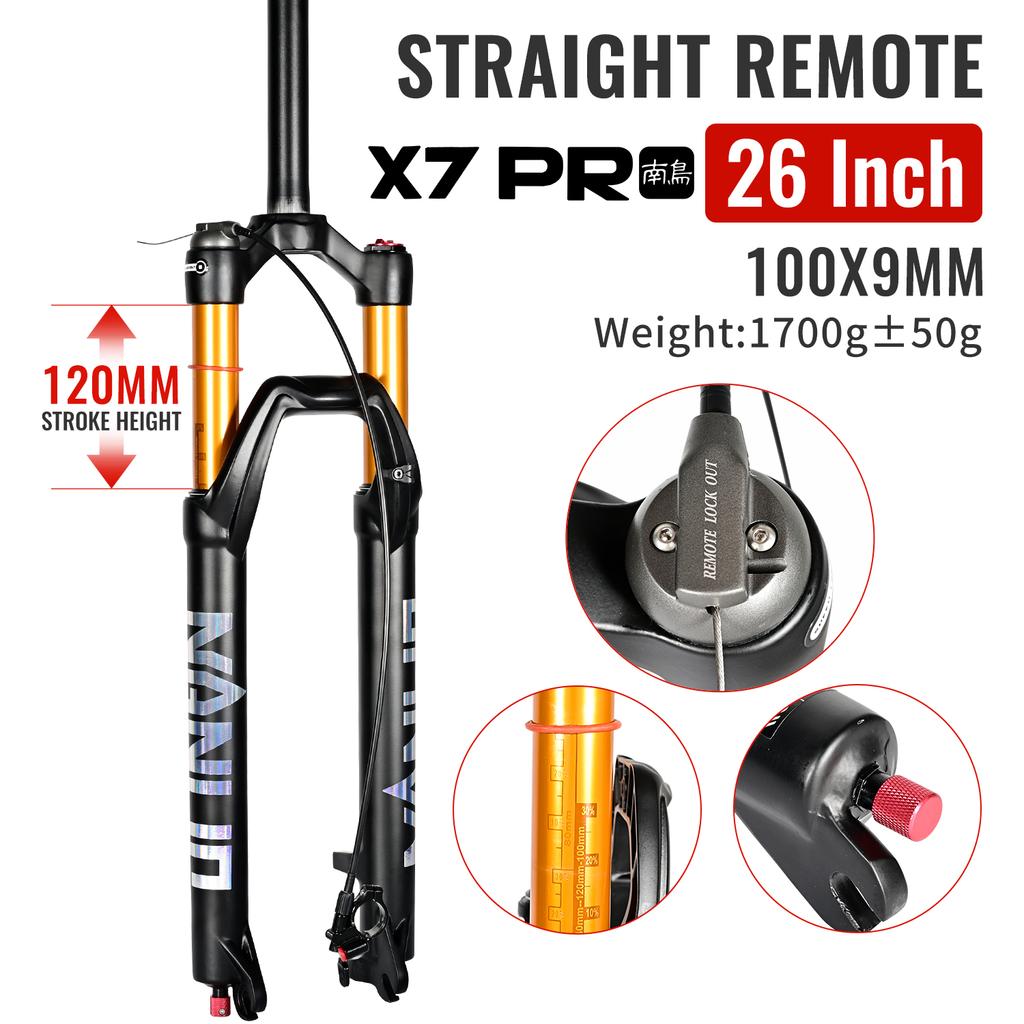 NANLIO X7 PRO Пружинно-воздушная вилка для горного велосипеда 26 27.5 29 дюймов Ход 120 140 мм Регулировка отскока Металлические втулки Черно-золотая вилка для велосипеда