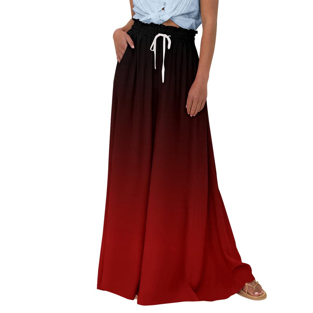 Женские широкие брюки с высокой талией, летние повседневные струящиеся брюки-палаццо, пляжные брюки с принтом и карманом