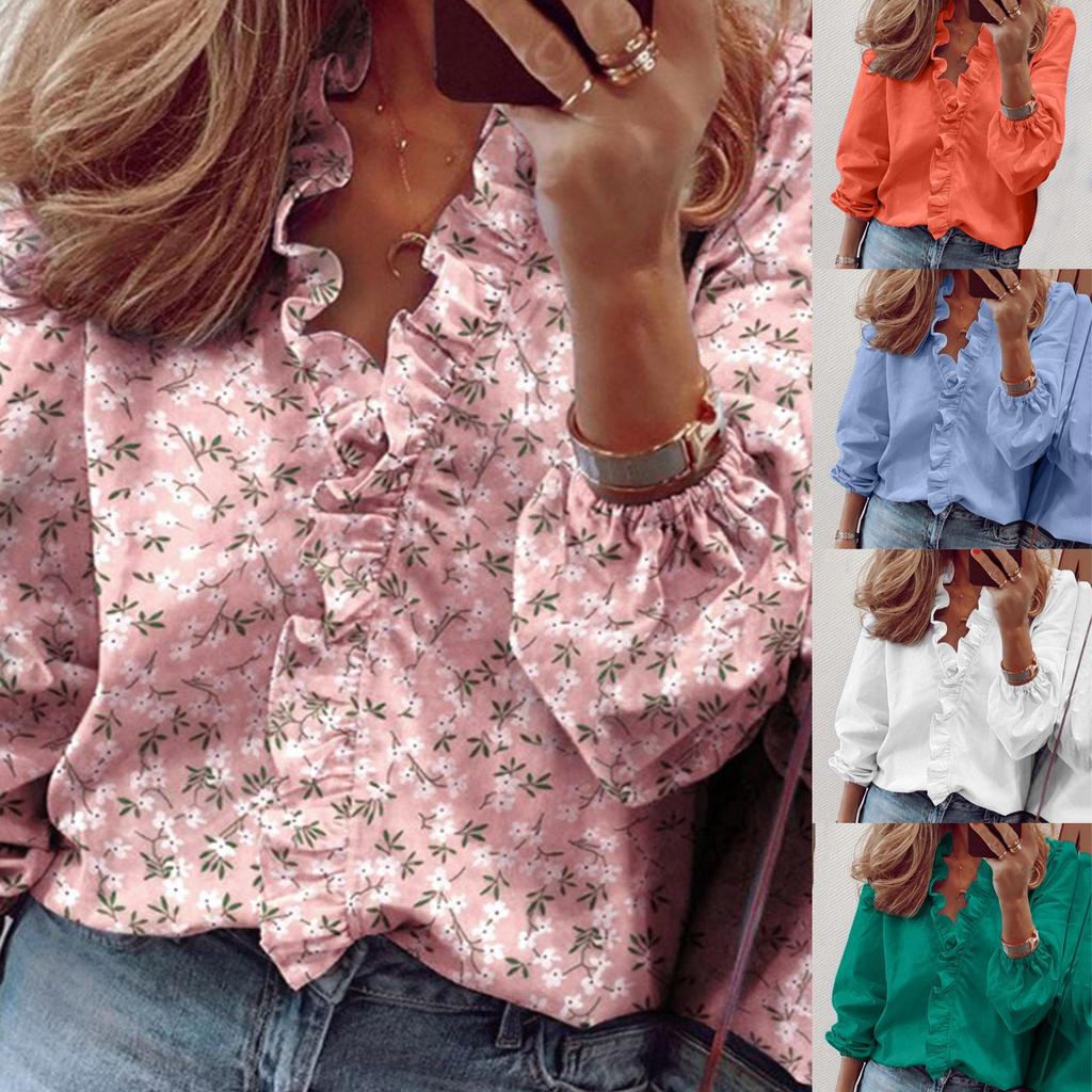 Fashion Woman Temperament Long Sleeve Ruffle Blouse Solid Colour Comfort Shirt