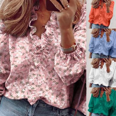 Модная женская темпераментная блузка с длинными рукавами и рюшами, однотонная удобная рубашка