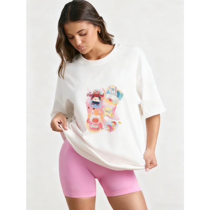 Черная футболка оверсайз с мультяшным принтом животного и текстом для повседневной носки