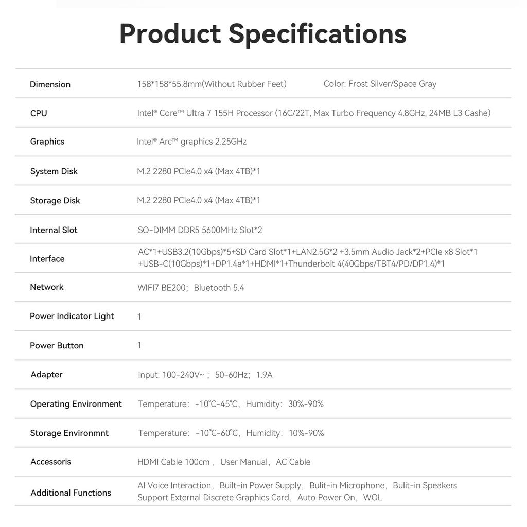Мини-ПК Beelink GTi14 155H AI до Intel Core Ultra 7 мини-ПК двухканальный DDR5 1 ТБ 145 Вт мини-ПК поддерживает тройной Bluetooth Intel Arc GPU (16 ядер/22 потока,
