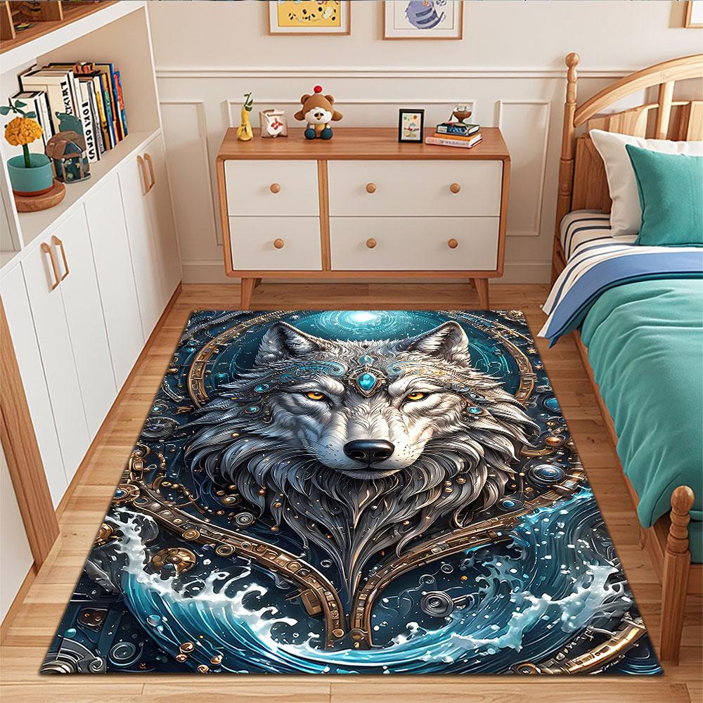 Mystical Wolf with Cosmic Ornaments Patterned carpet, suitable as a non slip play mat for the living room and bedroom sofa