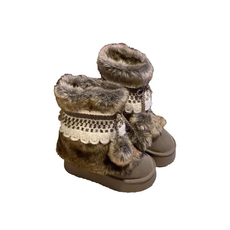 Bow Fur Snow Boots Women Platform Ankle Shoes Winter Suede Flats Warm 2025 New Brand Fashion Sweet Chelsea