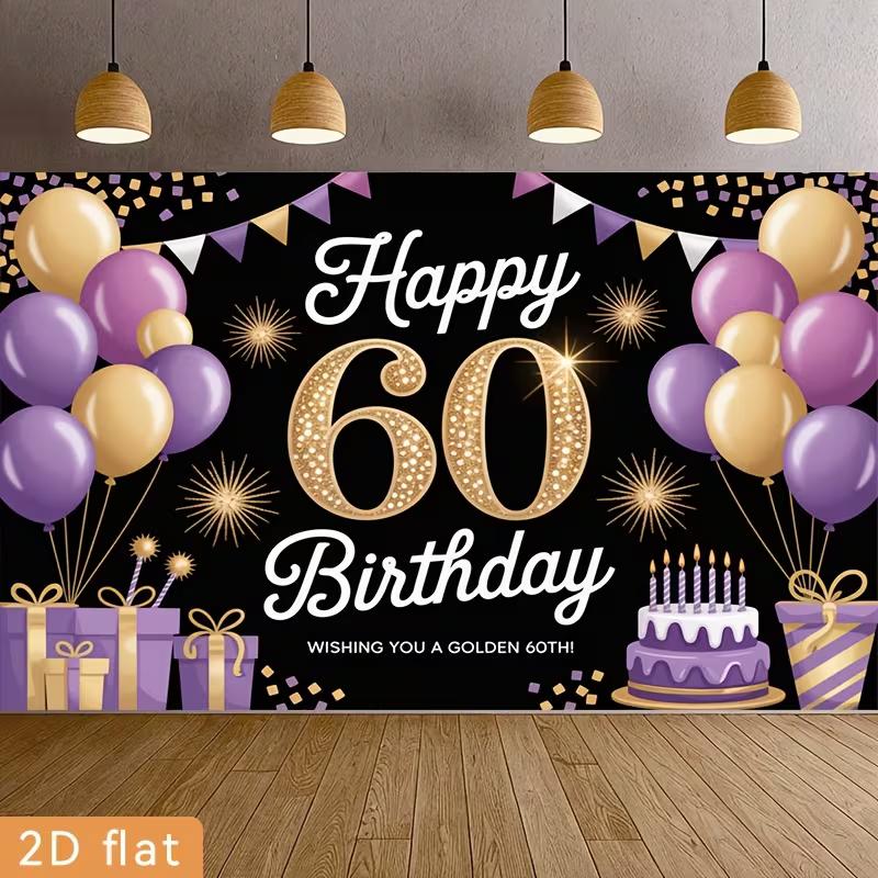 2D Golden 60th Birthday Background Cloth, Black Purple Party Photo Booth Backdrop