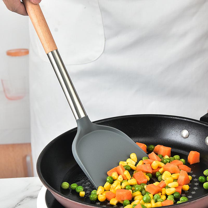 Silicone Kitchen Utensil Set: 3-Piece Wooden Handle - Spatula, Frying Spatula, Ladle, and Skimmer