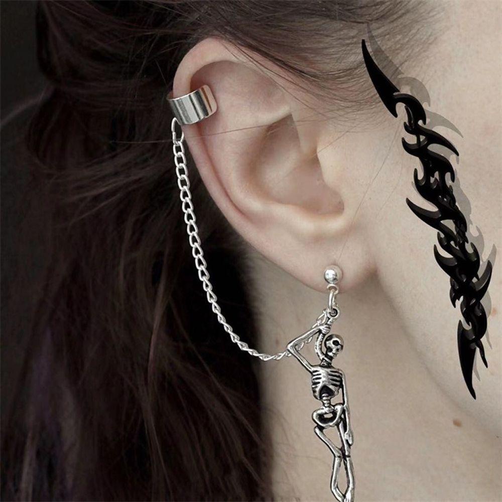 With Chain Punk Skeletons Pendant Korean Dangle Earrings Men Earrings Zinc Zinc Alloy Women Ear Bone Clips