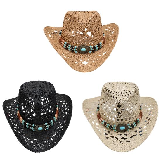 Hat with Decorative Bands Hollow Ultralight Breathable Design Cowgirl Woven Sun