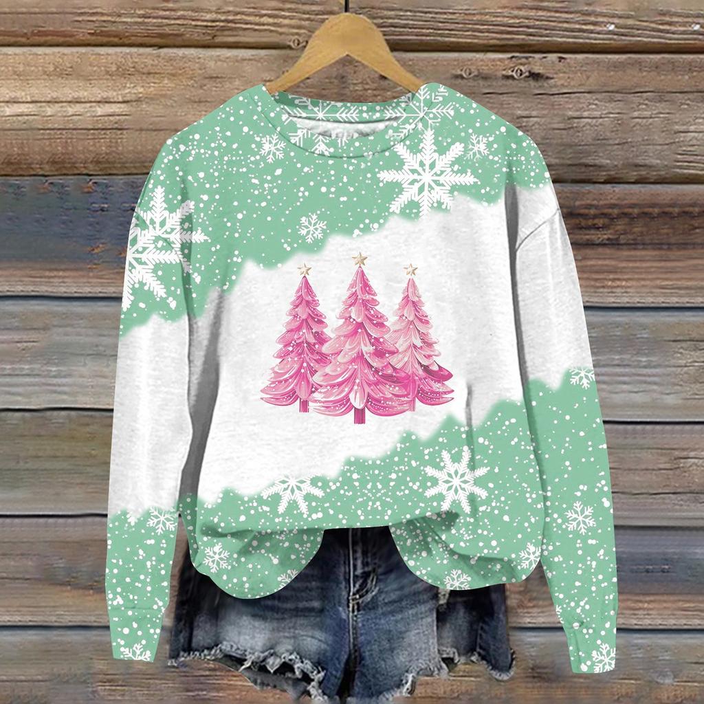 Женская мода рождественский принт длинный рукав свободный круглый вырез толстовка топ осень