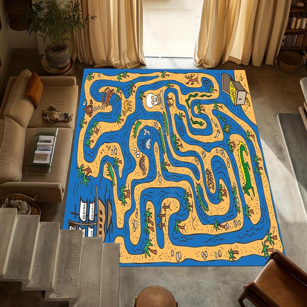 Blue Yellow Abstract Children's Rail Transit Area Rug Modern Non-Slip Carpet for Living Room Bedroom Office Home Floor Decor