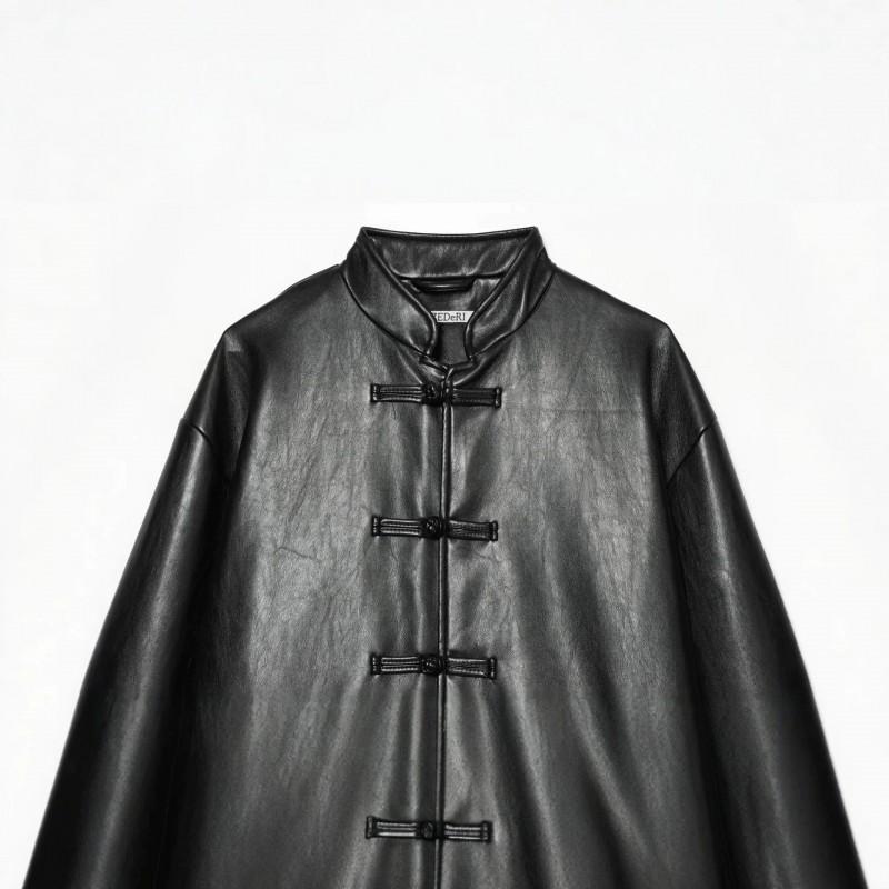 Womens Stand Collar Faux Leather Jacket Knot Button Detail Elegant Commuter Style Mid-length Coat
