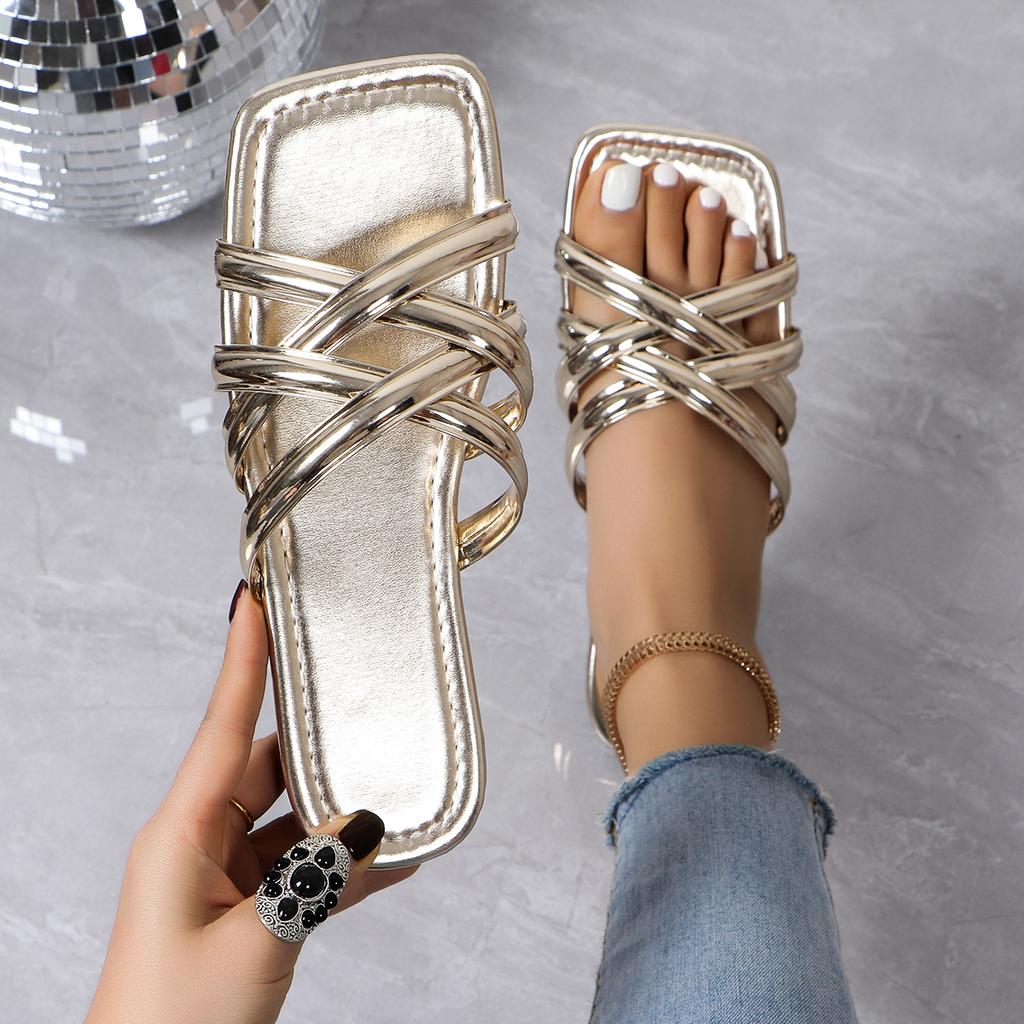 Fashion Hot Sandals Women Criss Cross Solid Color Glossy Surface Many Broadband Square Toe Slippers Ankle Strap Ladies Beach Shoes