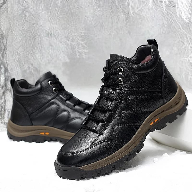Fashion Italian Genuine Leather Men Casual Shoes Luxury Brand Fashion High Top Sneakers Shoes Winter Warm Men Outdoor Non-Slip Boots