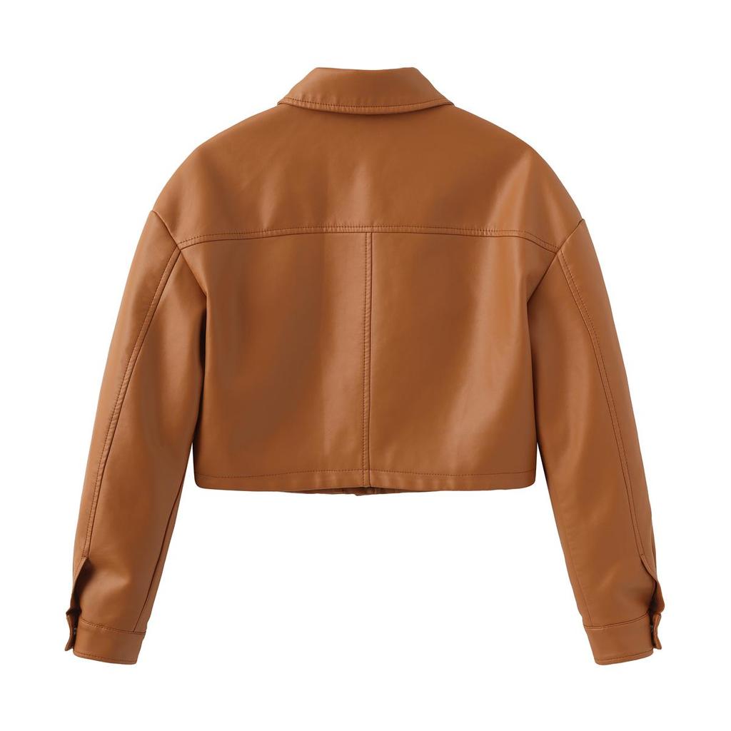 Women’s Jackets Faux Leather Long Sleeves Single Breasted Crop Top Punk Jacket Short Motorcycle Coat Fashion Out Wear