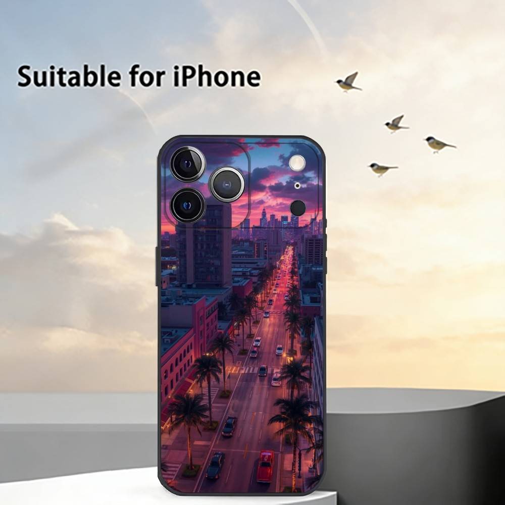 Летний Арт М-Майами Флорида Чехол для Телефона Для iPhone 17,16,15,14,13,12,11 Plus,Pro Max,XS,Мягкий Силикон Черный Чехол
