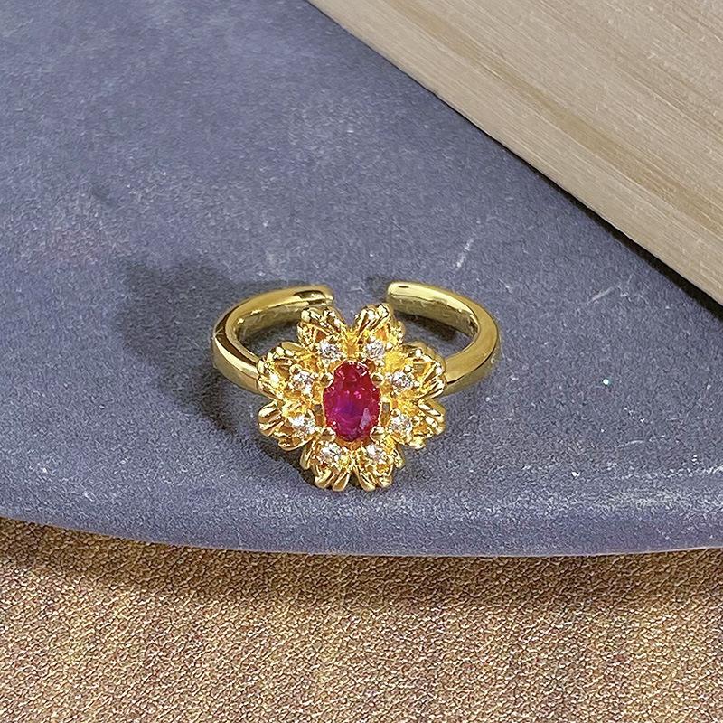French Court Medieval Light Luxury Colored Treasure Red Zir*****Pen Ring Fashion Niche Light Luxury High-End Ring Woman