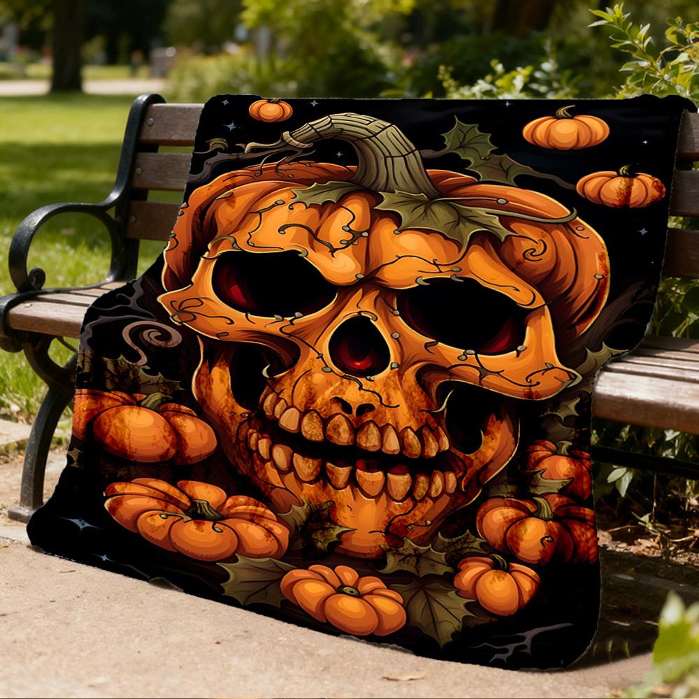 1pc Pumpkin Skull Throw Blanket Polyester Fiber, Lightweight Flannel, Soft & Warm, All Season Use for Outdoor, Camping Digital Print