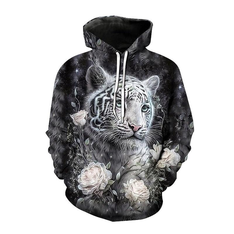 Plum Blossom Tiger Art Fleece Hoodie, Thick Warm Pullover for Men, Autumn Winter Wildcat Print Sweatshirt for Leisure Urban Strolls