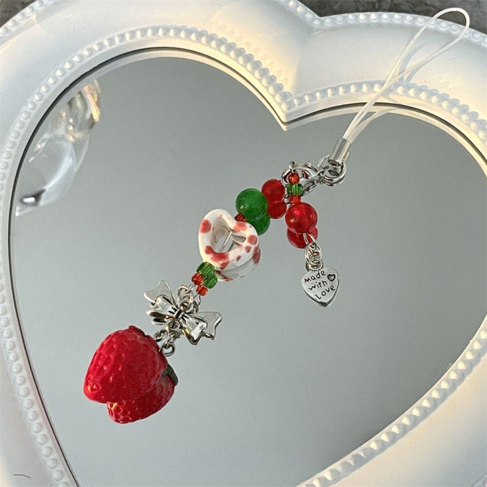 Charm 3D Strawberry Phone Strap Cute Love Heart Pendant Keychain  Bag Phone Accessories