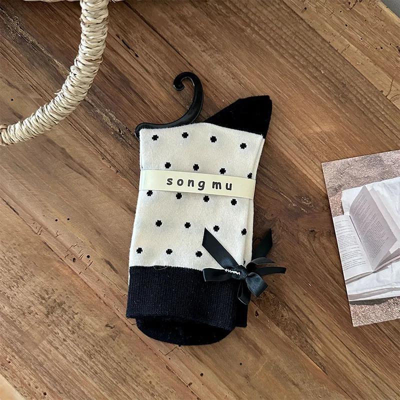 Женские носки в горошек с милым бантом для девочек JK Lolita Kawaii, носки в корейском стиле, в стиле Харадзюку, в стиле ретро, в уличном стиле, хлопковые носки средней длины