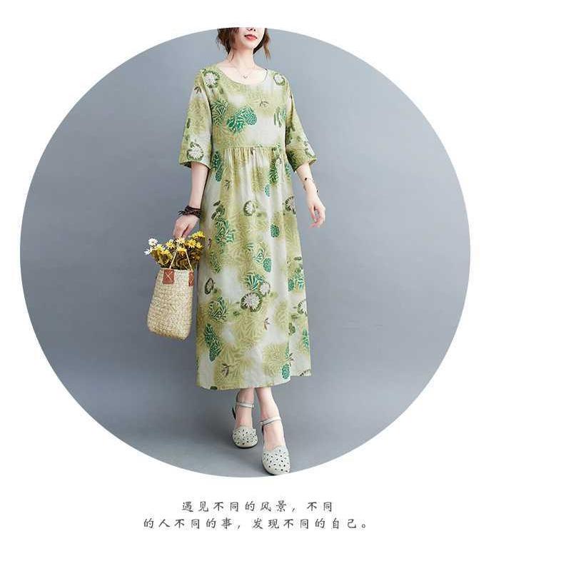 Летние новые большие размеры свободные тонкие круглые вырезы рукава пять минут женские платья для уменьшения возраста