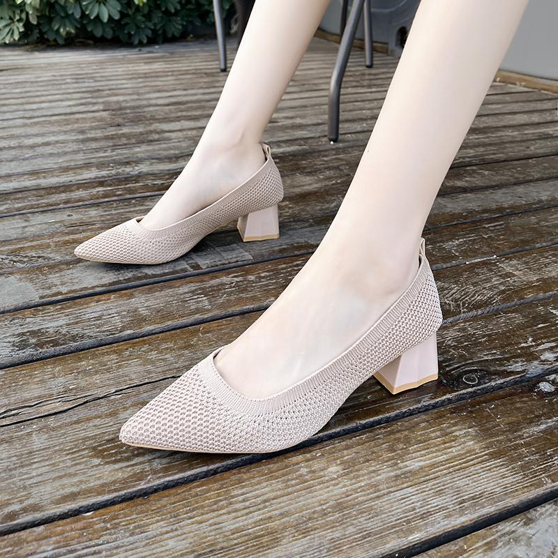 Женские туфли на большом каблуке 2024 года, новые туфли на высоком каблуке, вязаная дышащая резиновая нескользящая подошва, весенние и осенние туфли из латекса