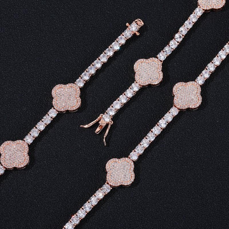 Hip Hop Clover Zircon Tennis Bracelet Necklace Set Versatile Fashion Jewelry Men Women