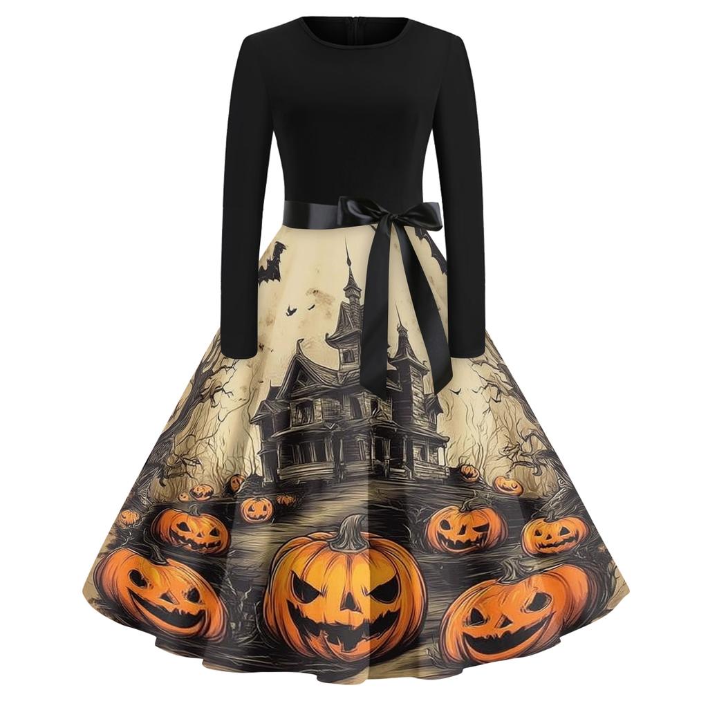 Женское повседневное модное платье винтажного стиля с круглым вырезом и принтом на Хэллоуин