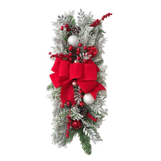 Christmas Stair Garland with Faux Snow Pine Cones Ribbon Realistic PVC Christmas Wreath for Indoor Decor Staircase Door Mantel Decoration