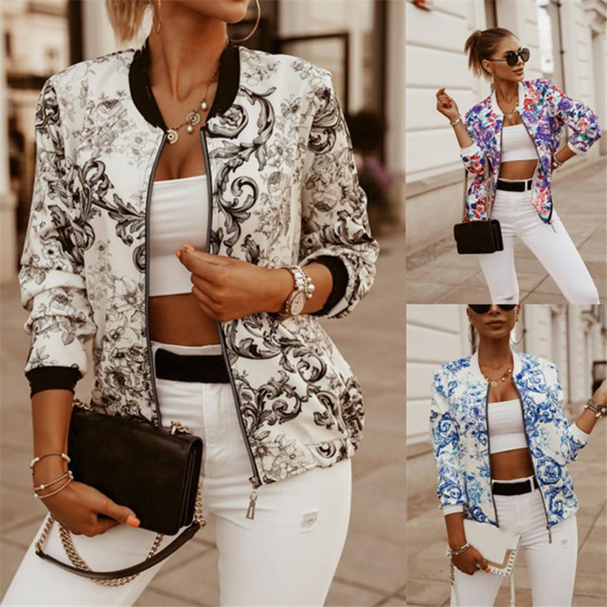 Women's Trendy Short Jacket Floral Print Bomber Jacket Casual Zipper Slim Fit Streetwear