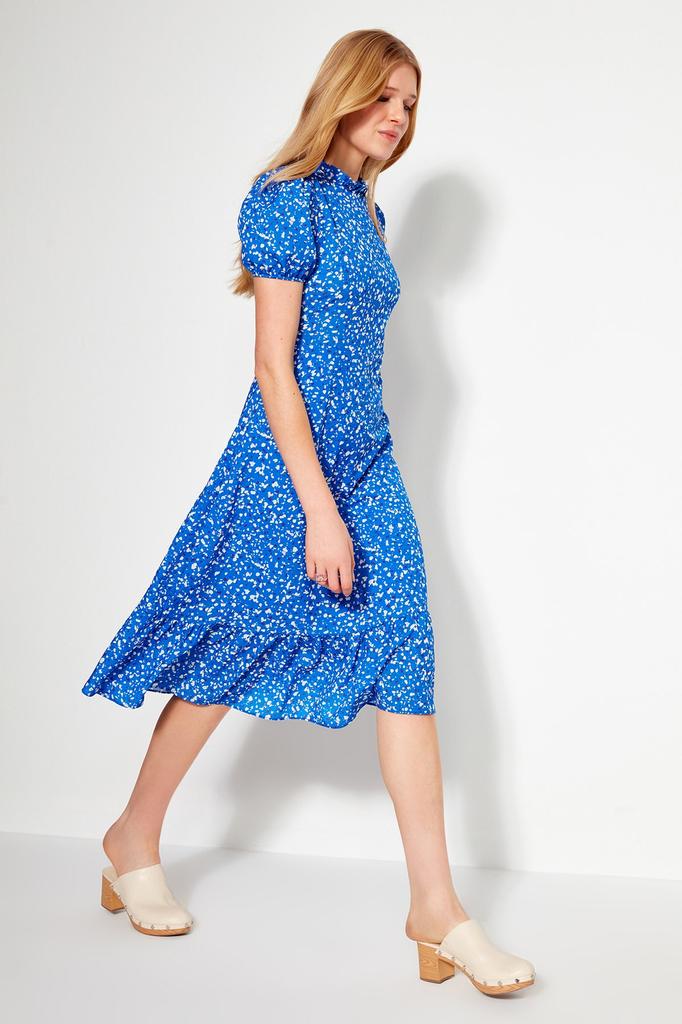 Women's Fashion New Dress Green Floral Patterned A-Line Flounce Lined Midi Woven Dress